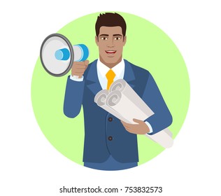 Businessman with loudspeaker holding the project plans. Portrait of Black Business Man in a flat style. Vector illustration.