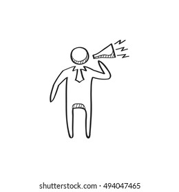 Businessman loudspeaker icon in doodle sketch lines. Motivator leader announce megaphone