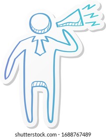 Businessman loudspeaker icon in sticker color style. Motivator leader announce megaphone