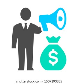 Businessman with loudspeaker and money. Flat icon