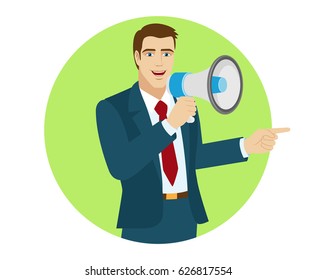 Businessman with loudspeaker pointing something beside of him. Portrait of character in a flat style. Vector illustration.