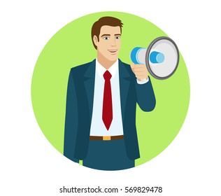 Businessman with loudspeaker. Portrait of businessman in a flat style. Vector illustration.