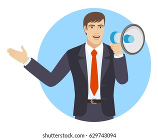 Businessman with loudspeaker showing something beside of him. Full length portrait of businessman character in a flat style. Vector illustration.