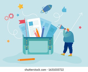 Businessman with Loudspeaker Stand at Huge Portfolio with Business Attributes. Human Resource Research, Head Hunter Invite Creative Person at Work. Recruitment Concept Cartoon Flat Vector Illustration