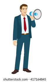 Businessman with loudspeaker. Vector illustration.