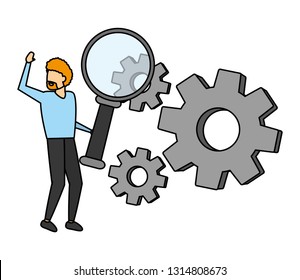 businessman with loupe and gears