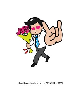 Businessman in love holds bouquet