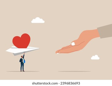 Businessman in love sending paper postcard love heart symbol message another hand. Valentine day concept. Flat vector illustration