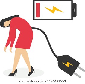 Businessman with low battery ​indicator crawling to electric plug for charging his power

