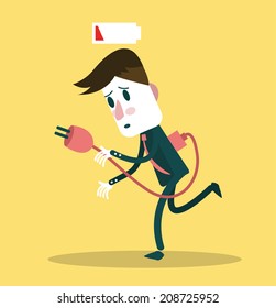 Businessman low energy and needs socket for charging. vector illustration