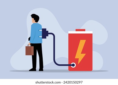 Businessman with low level energy - Low battery man with electrical plug 2d vector illustration