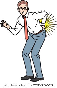 Businessman with lower back pain pressing down on his lower back.