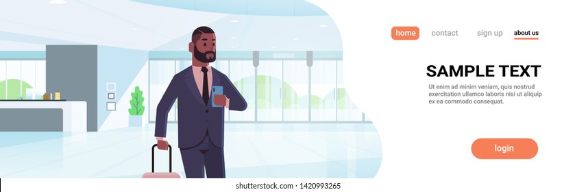 businessman with luggage at reception area african american business man holding suitcase standing pose contemporary lobby hotel hall interior flat horizontal portrait copy space