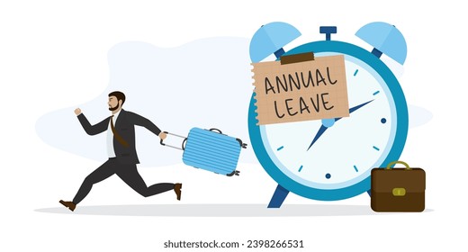 Businessman with luggage running away from office. Annual leave note on giant watch. Break, take day off, vacation and relax from hard work, schedule reminder of annual leave concept. Time management.