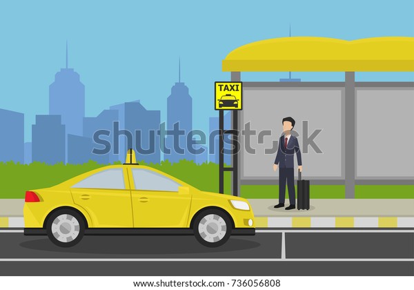 Businessman\
with luggage waiting for taxi at the taxi stand with city\
skyscraper background, cartoon style\
vector