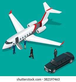 Businessman With Luggage Walking Towards Private Jet At Terminal. Bussines Concept Stewardess, Pilot, Limousine, Corporate Jet. Vector 3d Flat Isometric Illustration. Business Airlines. 