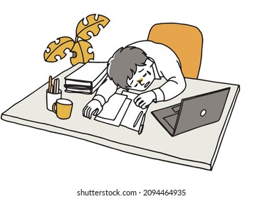 A businessman lying down on his desk due to fatigue. Burnout syndrome due to rewarding exploitation. A person illustration of a loose line drawing.