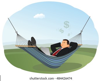 Businessman is lying in hammock with laptop and dreaming about big money. Comfort and recreation.