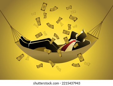 Businessman lying in a hammock swing, financial freedom, vector illustration