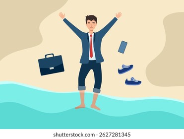 Businessman lying on the beach with his legs in the water. Relaxation after hard work. Vacation leave top view.