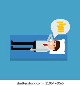 Businessman lying on a bed thinking about money, vector illustration on a blue background