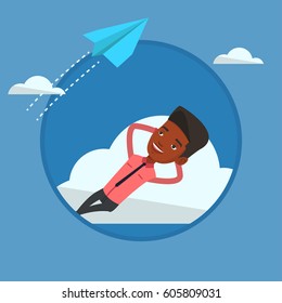 Businessman lying on a cloud and looking at flying paper plane. Businessman relaxing on a cloud. Businessman resting on a cloud. Vector flat design illustration in the circle isolated on background.