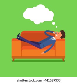 Businessman lying on the couch and talking on the phone. Flat design, vector illustration.