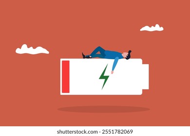 Businessman lying on low battery. concept of Burnout, overload