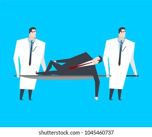 Businessman is lying on stretcher. Doctors carry Boss to hospital. office life vector illustration.
