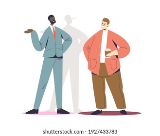 Businessman lying to partner. Business man liar cheating and betraying colleague with long pinocchio nose on shadow. Business betrayal concept. Cartoon flat vector illustration