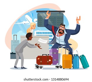 Businessman Mad Because of Late on Plane, Arguing with Airport Personnel Because of Luggage Missing After Arrival Cartoon Vector Illustration Isolated on White Background. Oversized Baggage Concept