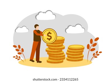 The businessman made a lot of money. A man holds a dollar in his hands. Vector illustration isolated on white background. Rich man