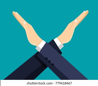 Businessman made X sign by crossing her hands isolated. Vector flat style illustration