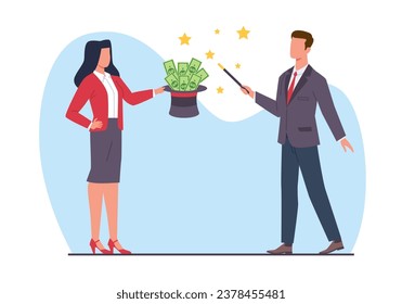 Businessman with magic wand and hat full of money. Perform successful trick. Entrepreneur magically makes income. Quick way to get rich. Cartoon flat style isolated vector concept