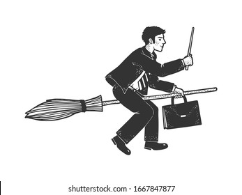 businessman magician flies on a broomstick sketch engraving vector illustration. T-shirt apparel print design. Scratch board imitation. Black and white hand drawn image.