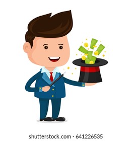 Businessman magician. A magic wand, a wizard's hat, Money notes and coins. Young happy businessman vector flat cartoon illustration character. isolated on white background. Financial success concept