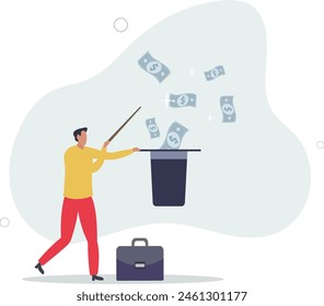 Geschäftsmann Zauberer mit Zauberstab, um Geld mit magischen Hut zu verdienen.Flat Vektorillustration.