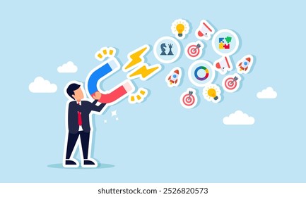 A businessman with a magnet is attracting elements of business marketing strategies, illustration of the effort to gather advice and insights on marketing innovations.