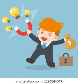 Businessman with magnet collecting light bulb, idea for get money. Business idea concept. Flat vector illustration
