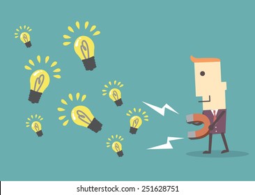 businessman with  magnet collecting light bulb, eps10 vector file illustration