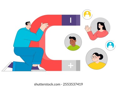 Businessman magnet concept. Attracting diverse team members with leadership skills. Team building, inclusion, and collaboration in the workplace. Vector illustration.