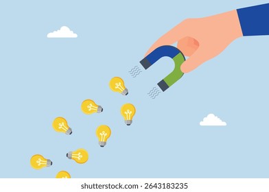 empresário com ímã para magnetizar ideias de lâmpadas.