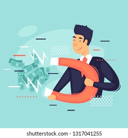 Businessman with a magnet, magnet money, success. Flat design vector illustration.