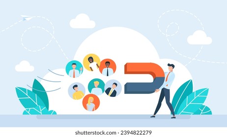 Businessman with magnet and people in run to it, customer acquisition and marketing. Search and attraction of target audience, new subscribers. Social network promotion marketing. Vector illustration