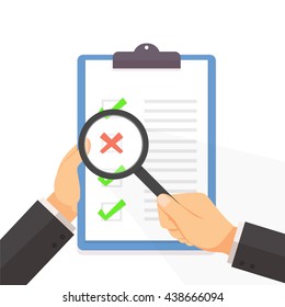 Businessman and magnifier to  the check list on the clipboard flat style vector