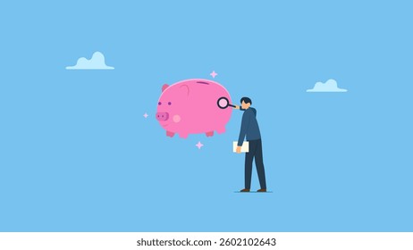 Businessman with magnifier checking piggy bank saving. Financial check up, debt, budgeting, investment or saving analysis, wealth planning or money health check, risk or wealth preservation concept.