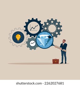 Businessman with magnifier diamond from cog gear production. Optimize cost and expense for better profit strategy. Flat vector illustration