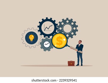 Businessman with magnifier dollar money from cog gear production. Optimize cost and expense for better profit strategy. Modern flat vector illustration