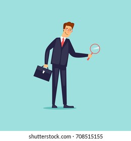 Businessman with magnifier. Flat design vector illustration.