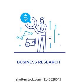 Businessman with magnifier looking for money. growth charts. Line icon illustration Eps10 file. Success, rates